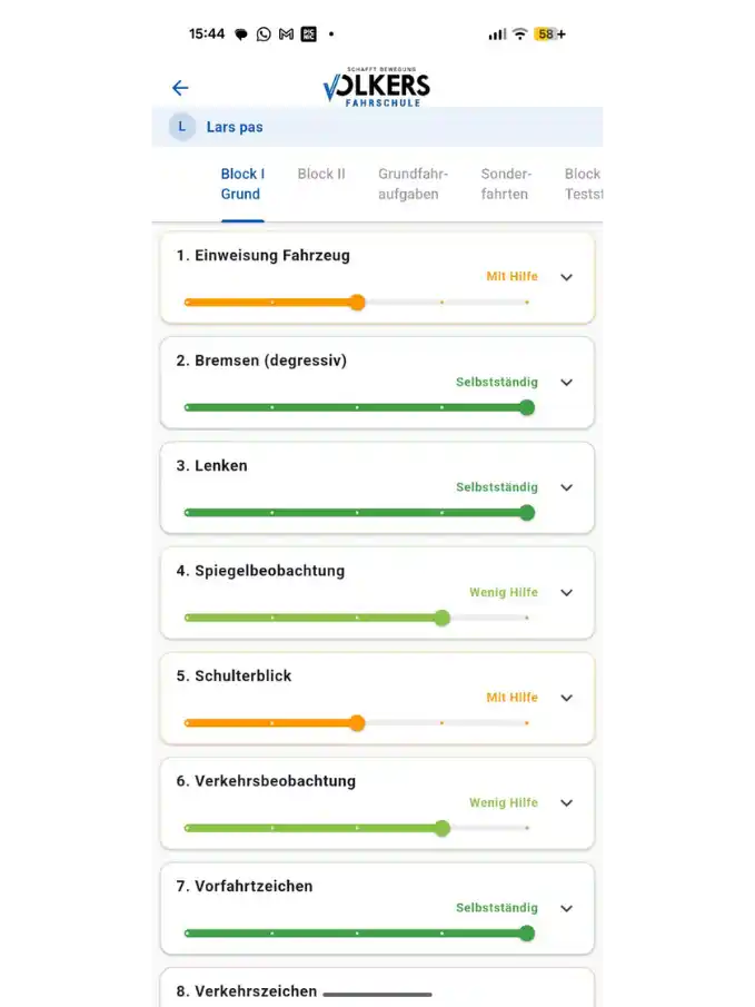 Screenshot der selbst entwickelten App der Volkers Fahrschule Marl